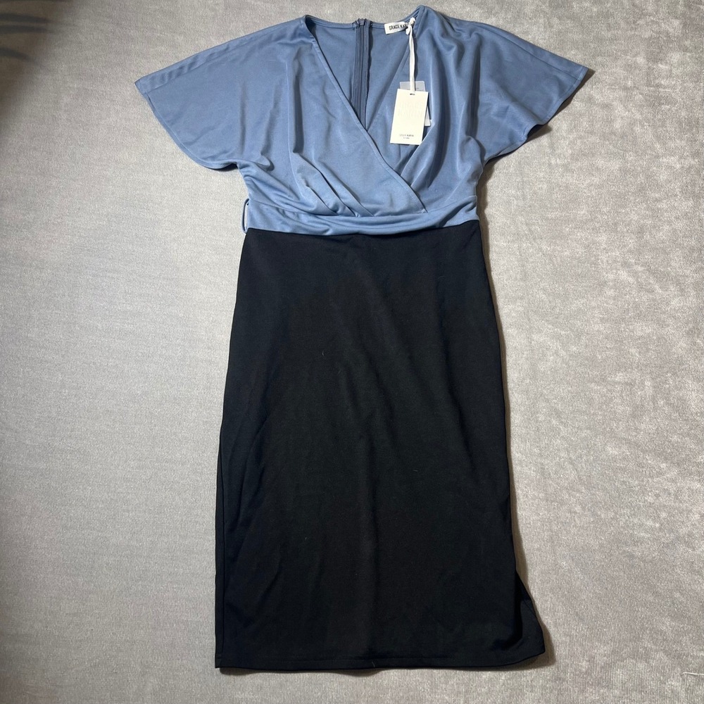 Grace Karin Women Blue Black Colorblock Surplice V-Neck Sheath Dress‎ Size M NWT
